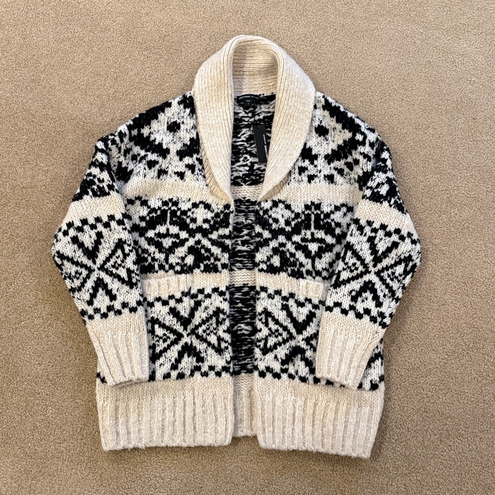 NWT James Peres CHALET INTARSIA CARDIGAN ivory/black - Picture 5 of 9